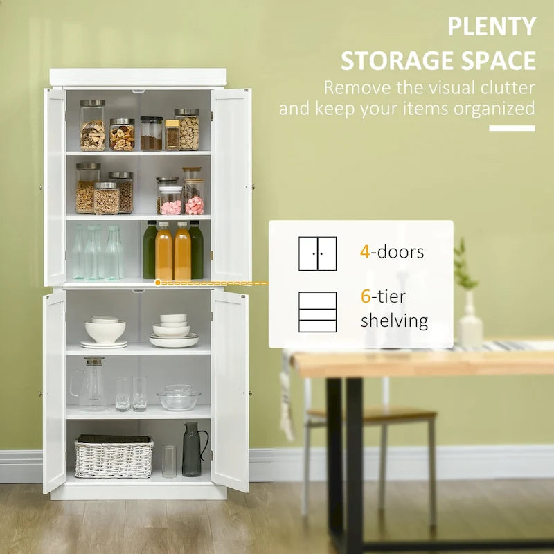 Garde-manger de cuisine moderne autoportant à 4 portes, organisateur de placard de rangement avec 6 étagères à niveaux et 4 étagères réglables