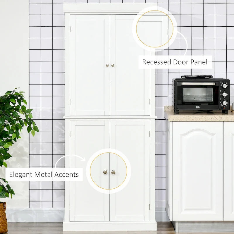 Garde-manger de cuisine moderne autoportant à 4 portes, organisateur de placard de rangement avec 6 étagères à niveaux et 4 étagères réglables