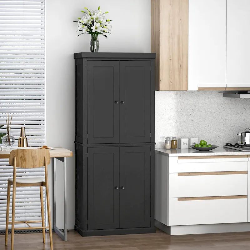 Garde-manger de cuisine moderne autoportant à 4 portes, organisateur de placard de rangement avec 6 étagères à niveaux et 4 étagères réglables