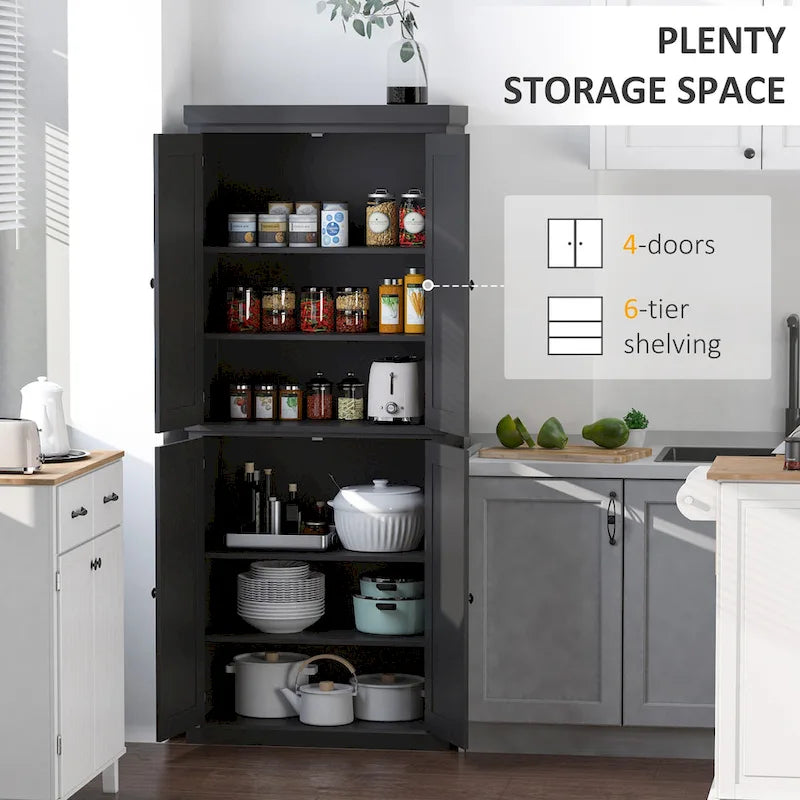 Garde-manger de cuisine moderne autoportant à 4 portes, organisateur de placard de rangement avec 6 étagères à niveaux et 4 étagères réglables
