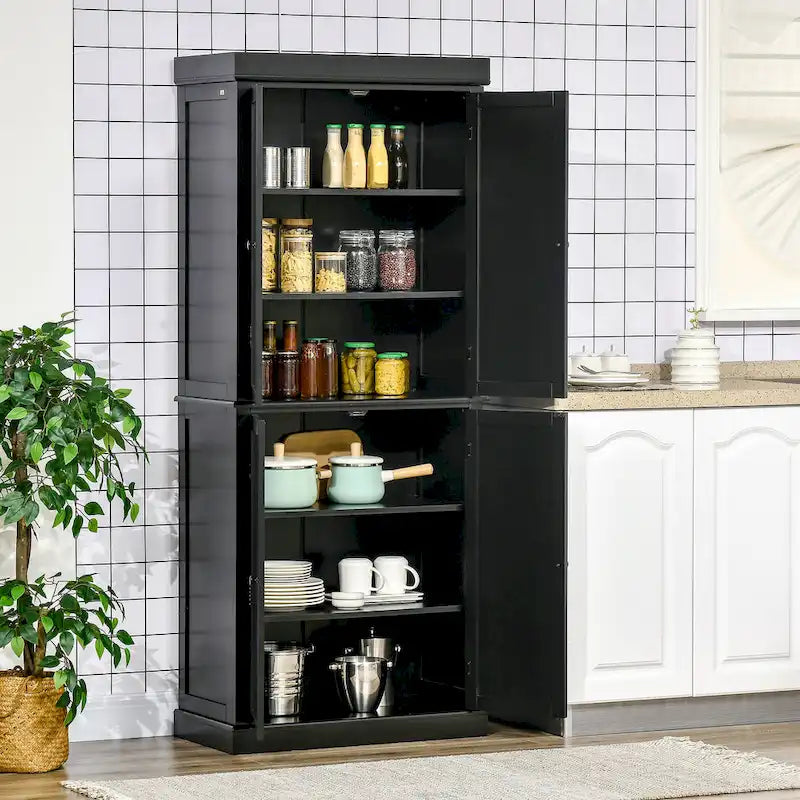 Garde-manger de cuisine moderne autoportant à 4 portes, organisateur de placard de rangement avec 6 étagères à niveaux et 4 étagères réglables