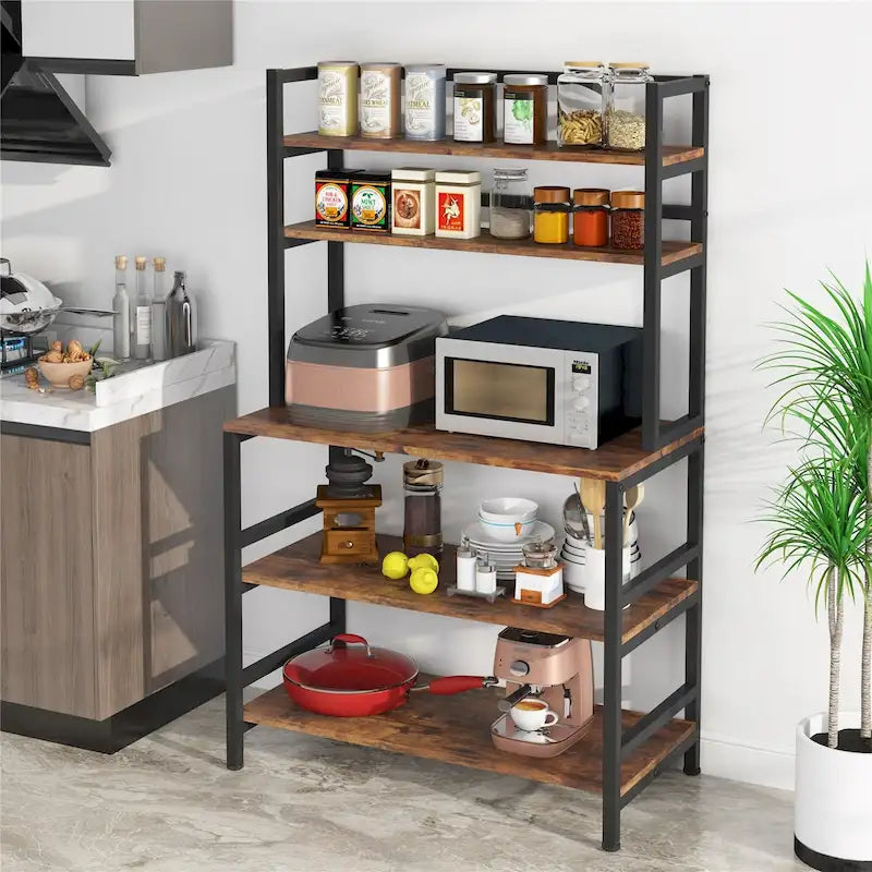 Étagère de cuisine industrielle à 5 niveaux pour micro-ondes avec support de rangement, marron/noir, étagère de rangement moderne blanche pour cuisine.