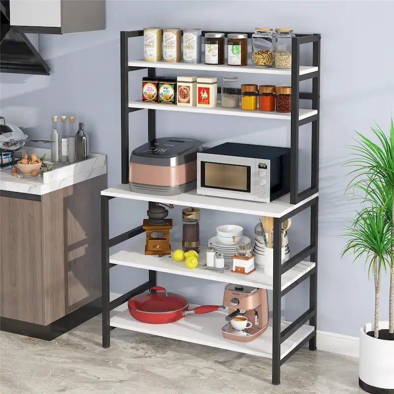Étagère de cuisine industrielle à 5 niveaux pour micro-ondes avec support de rangement, marron/noir, étagère de rangement moderne blanche pour cuisine.