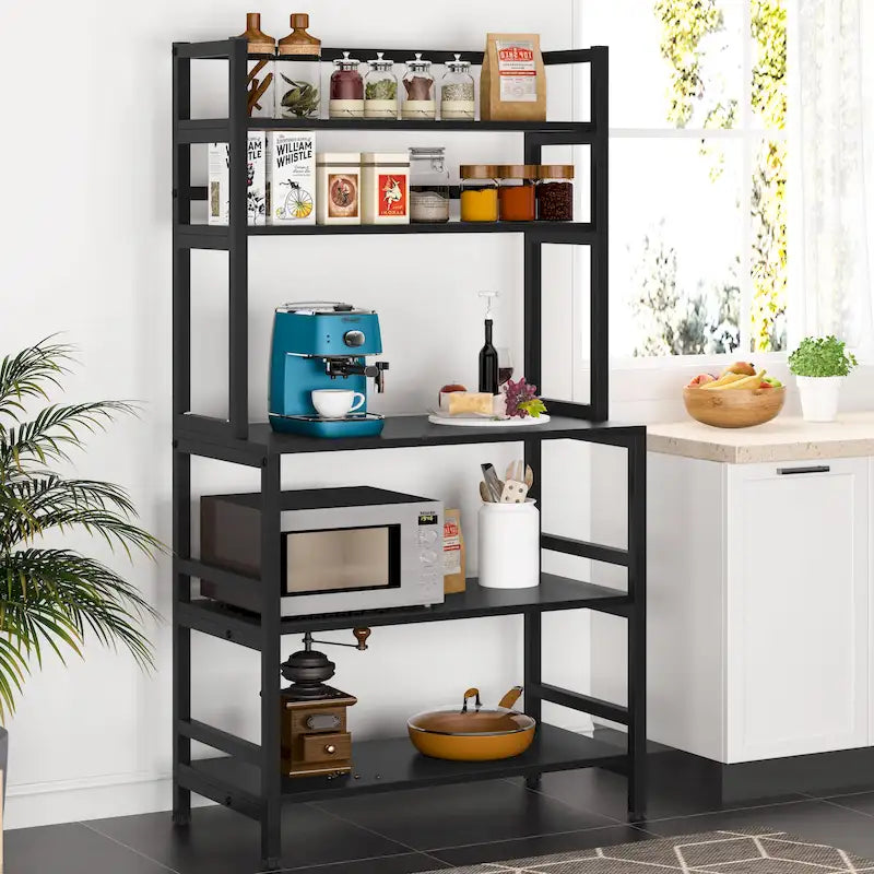 Étagère de cuisine industrielle à 5 niveaux pour micro-ondes avec support de rangement, marron/noir, étagère de rangement moderne blanche pour cuisine.
