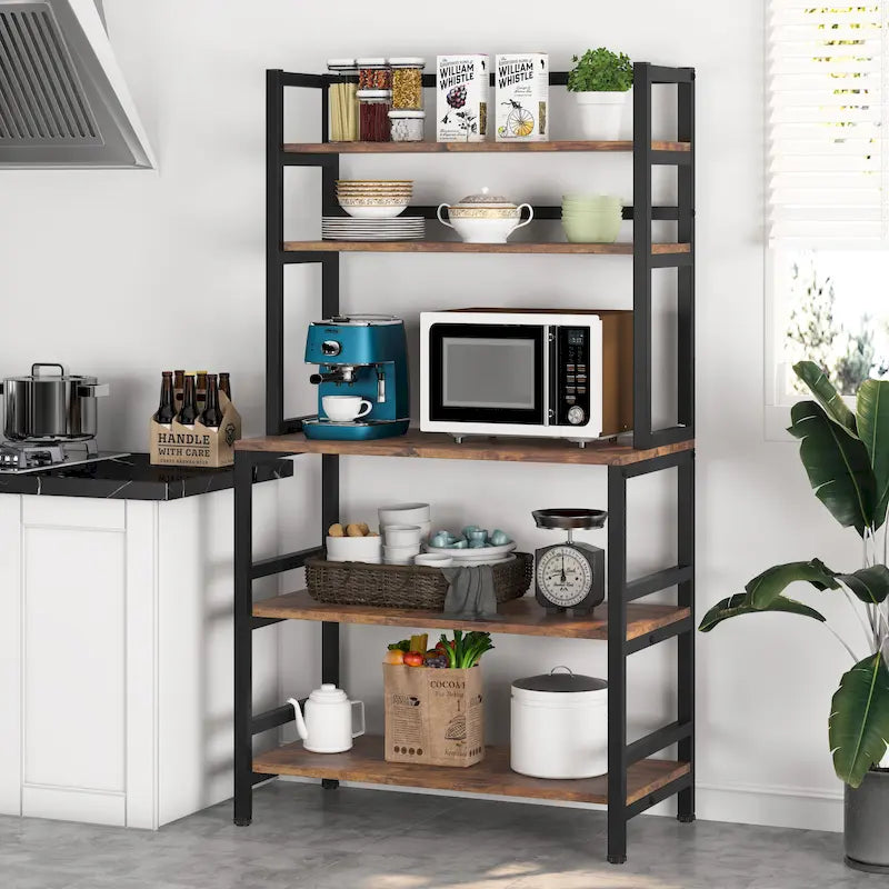 Étagère de cuisine industrielle à 5 niveaux pour micro-ondes avec support de rangement, marron/noir, étagère de rangement moderne blanche pour cuisine.