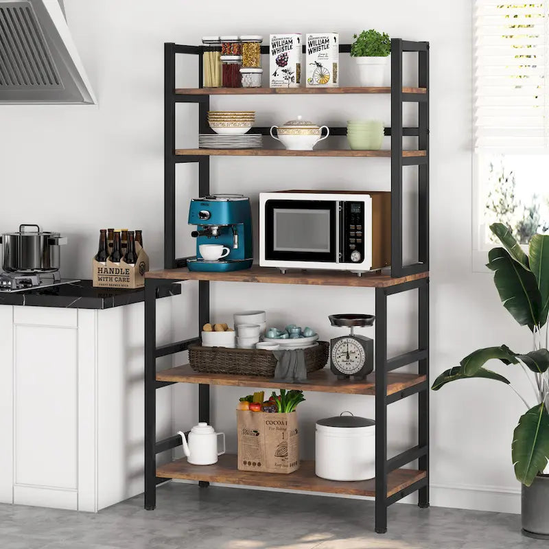 Étagère de cuisine industrielle à 5 niveaux pour micro-ondes avec support de rangement, marron/noir, étagère de rangement moderne blanche pour cuisine.