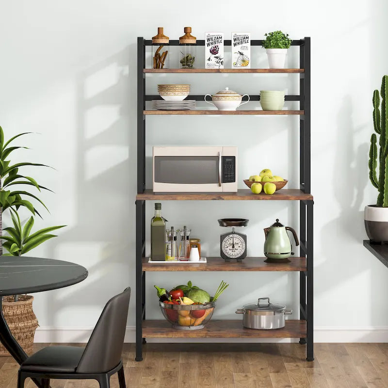 Étagère de cuisine industrielle à 5 niveaux pour micro-ondes avec support de rangement, marron/noir, étagère de rangement moderne blanche pour cuisine.