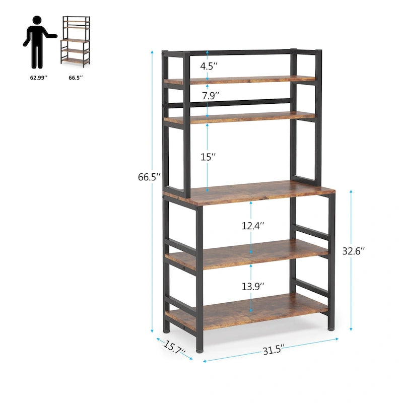 Étagère de cuisine industrielle à 5 niveaux pour micro-ondes avec support de rangement, marron/noir, étagère de rangement moderne blanche pour cuisine.