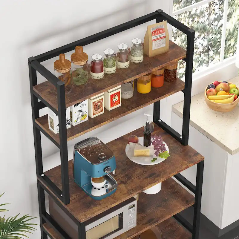 Étagère de cuisine industrielle à 5 niveaux pour micro-ondes avec support de rangement, marron/noir, étagère de rangement moderne blanche pour cuisine.