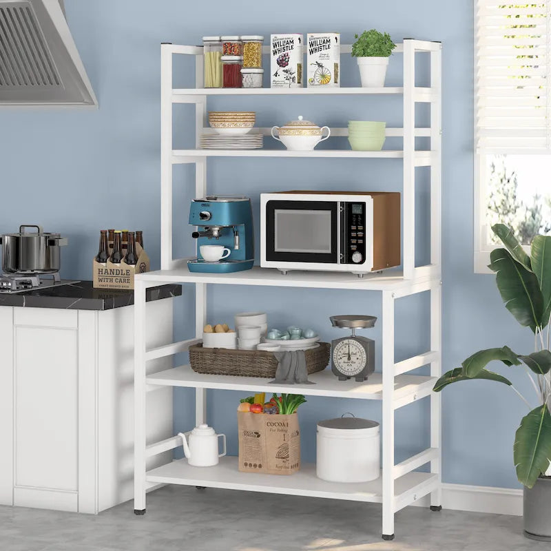 Étagère de cuisine industrielle à 5 niveaux pour micro-ondes avec support de rangement, marron/noir, étagère de rangement moderne blanche pour cuisine.