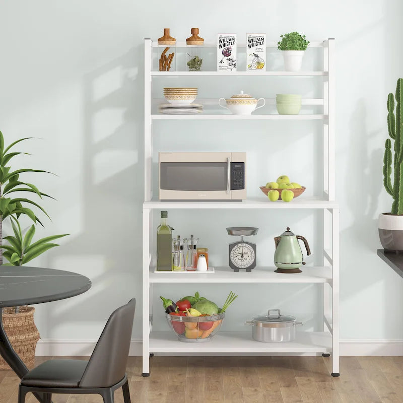 Étagère de cuisine industrielle à 5 niveaux pour micro-ondes avec support de rangement, marron/noir, étagère de rangement moderne blanche pour cuisine.