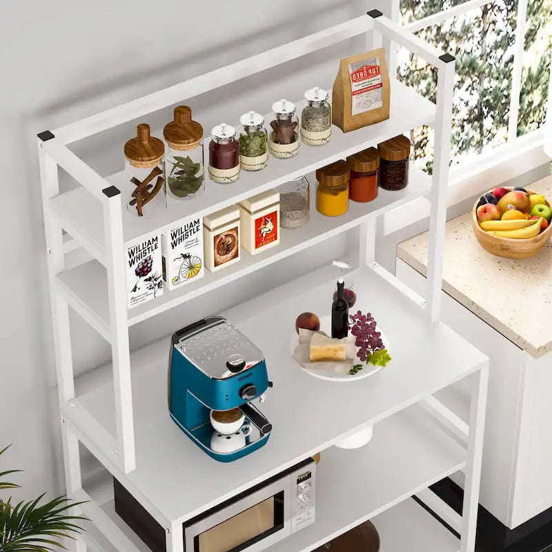Étagère de cuisine industrielle à 5 niveaux pour micro-ondes avec support de rangement, marron/noir, étagère de rangement moderne blanche pour cuisine.