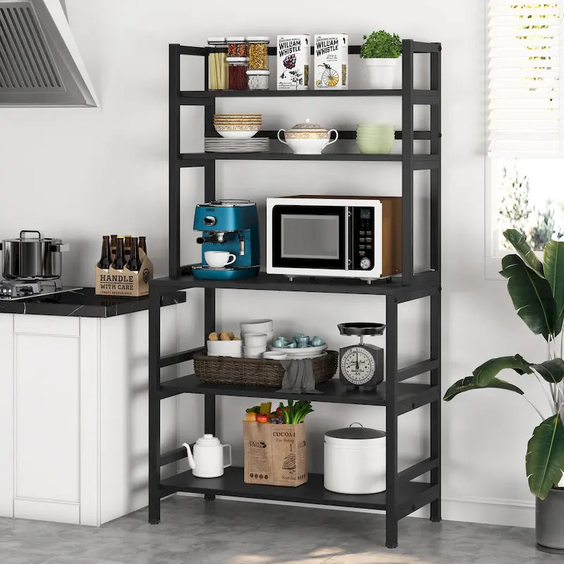 Étagère de cuisine industrielle à 5 niveaux pour micro-ondes avec support de rangement, marron/noir, étagère de rangement moderne blanche pour cuisine.