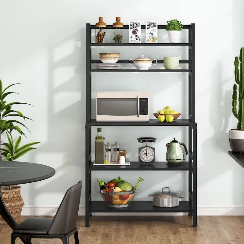 Étagère de cuisine industrielle à 5 niveaux pour micro-ondes avec support de rangement, marron/noir, étagère de rangement moderne blanche pour cuisine.