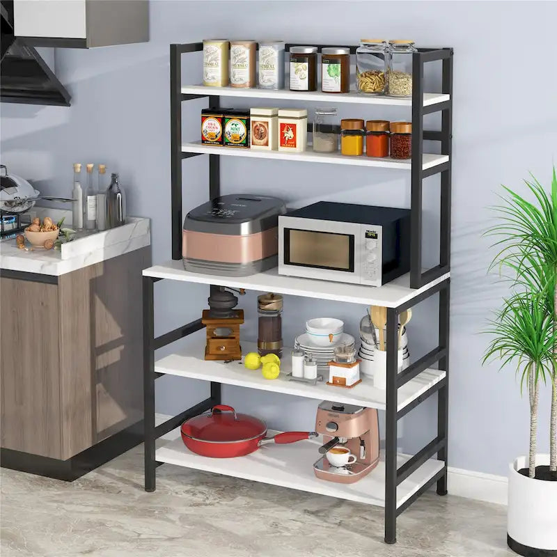 Étagère de cuisine industrielle à 5 niveaux pour micro-ondes avec support de rangement, marron/noir, étagère de rangement moderne blanche pour cuisine.