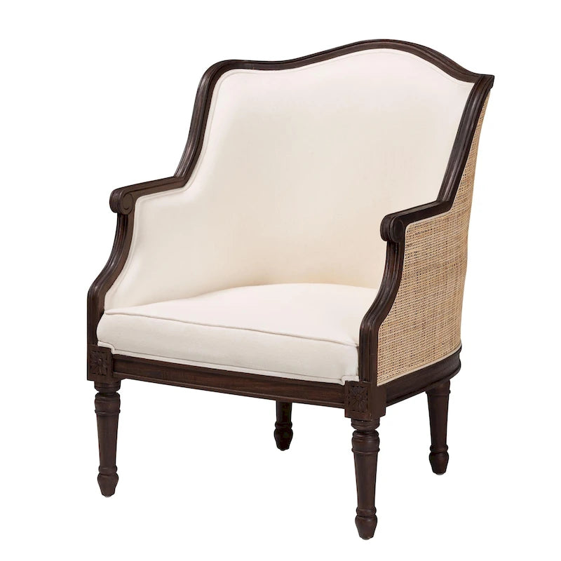 Fauteuil d'appoint traditionnel français en tissu beige et bois foncé