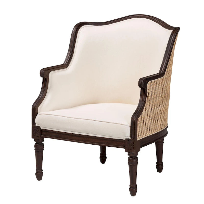 Fauteuil d'appoint traditionnel français en tissu beige et bois foncé
