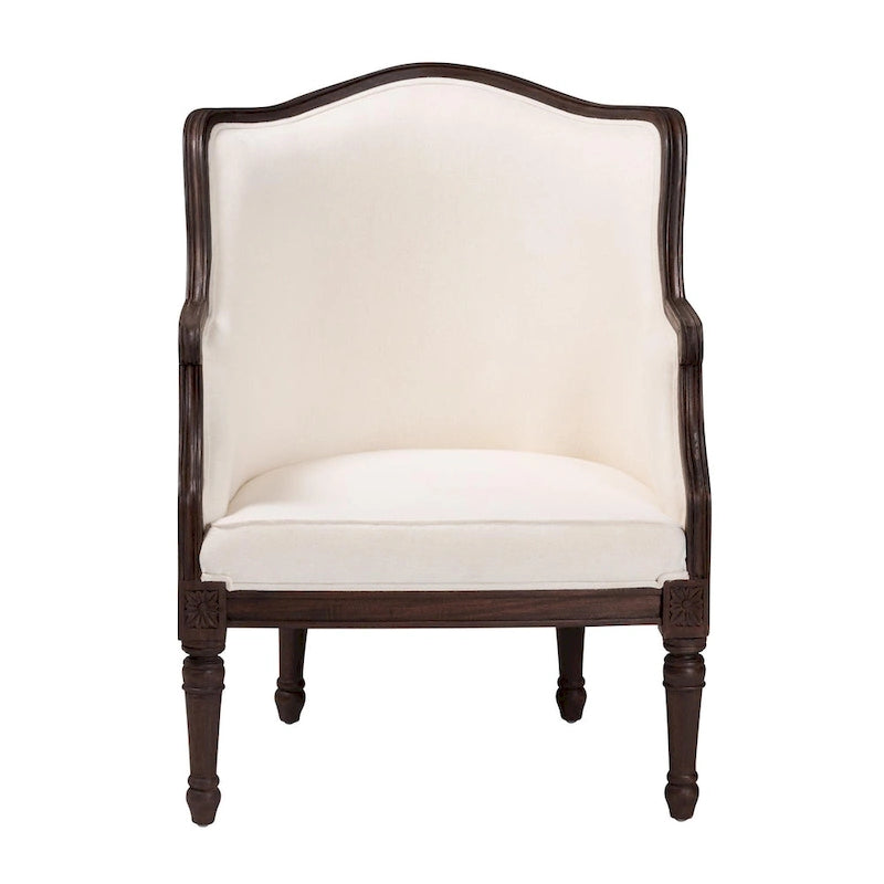 Fauteuil d'appoint traditionnel français en tissu beige et bois foncé