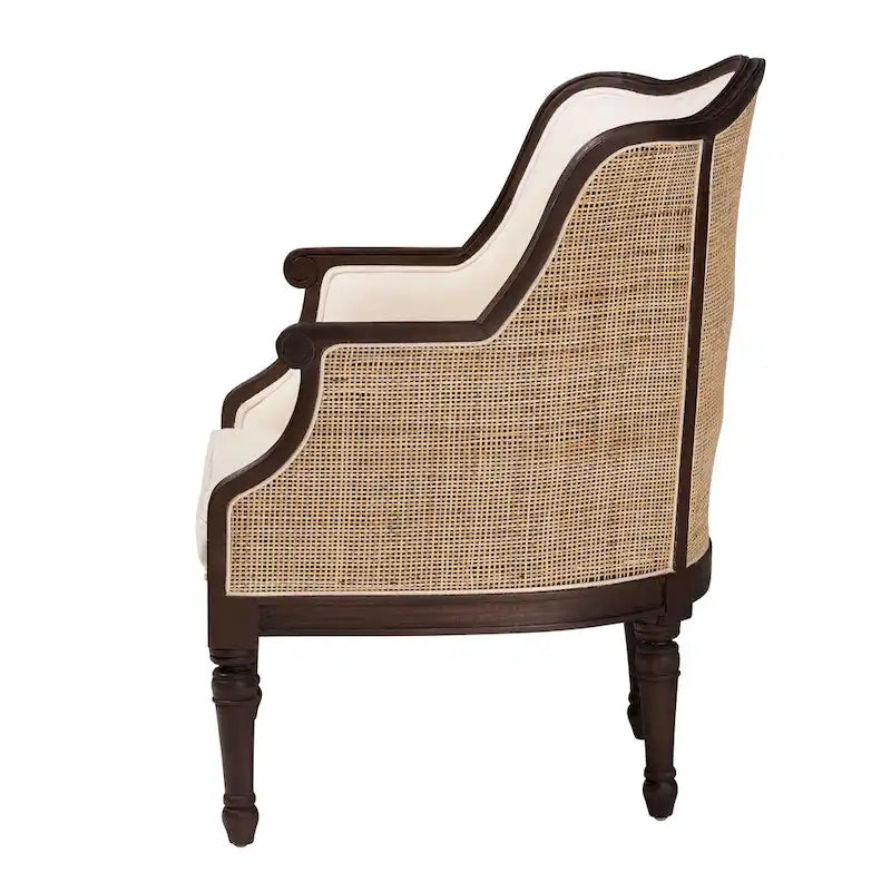 Fauteuil d'appoint traditionnel français en tissu beige et bois foncé