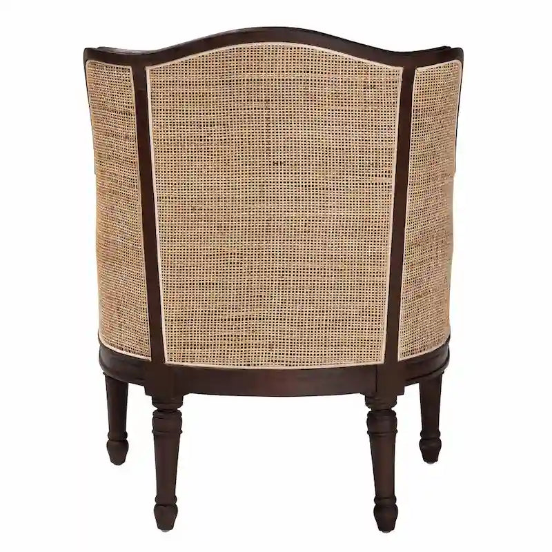 Fauteuil d'appoint traditionnel français en tissu beige et bois foncé