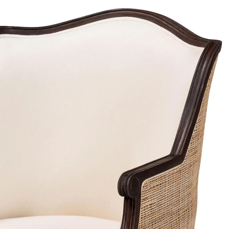 Fauteuil d'appoint traditionnel français en tissu beige et bois foncé