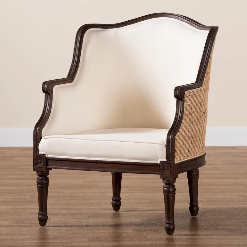 Fauteuil d'appoint traditionnel français en tissu beige et bois foncé