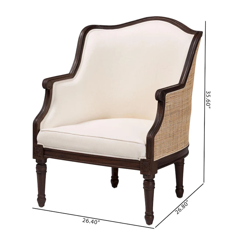 Fauteuil d'appoint traditionnel français en tissu beige et bois foncé