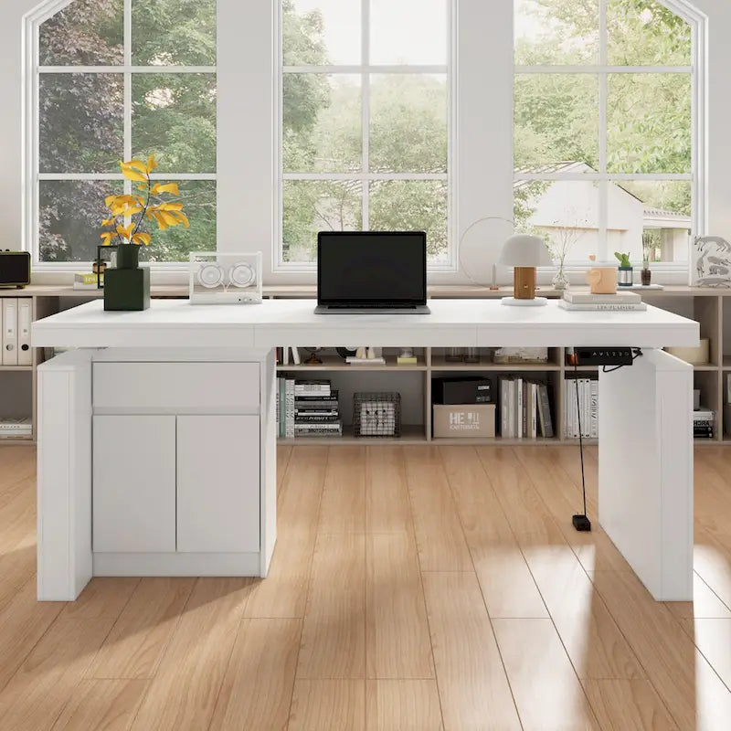 Bureau ergonomique assis-debout, élégance blanc pur avec table d'appoint à caisson