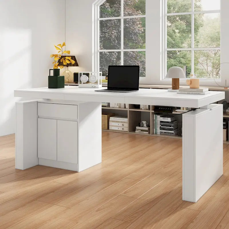 Bureau ergonomique assis-debout, élégance blanc pur avec table d'appoint à caisson