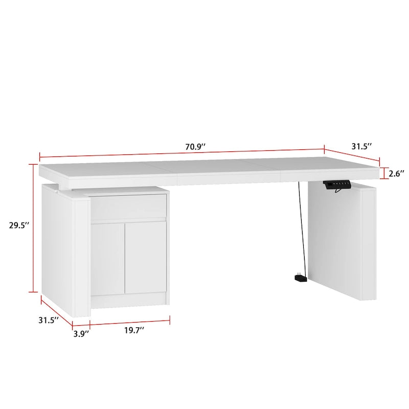 Bureau ergonomique assis-debout, élégance blanc pur avec table d'appoint à caisson
