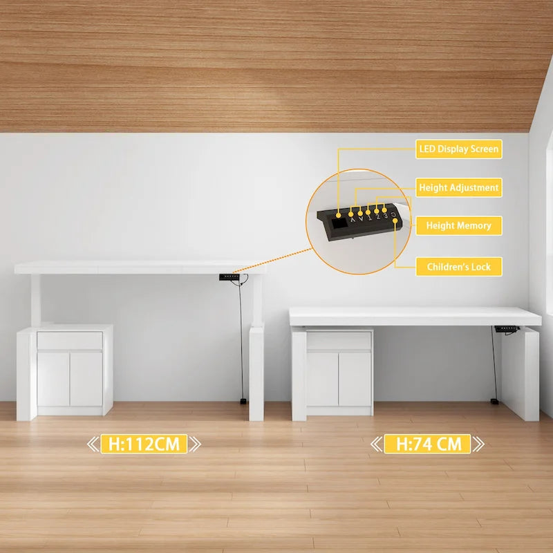 Bureau ergonomique assis-debout, élégance blanc pur avec table d'appoint à caisson