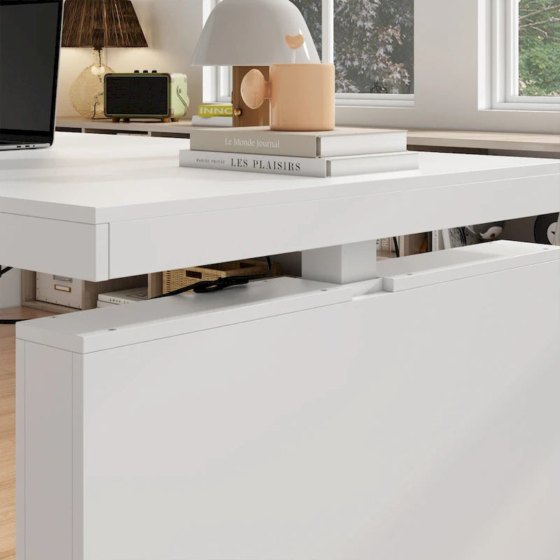 Bureau ergonomique assis-debout, élégance blanc pur avec table d'appoint à caisson
