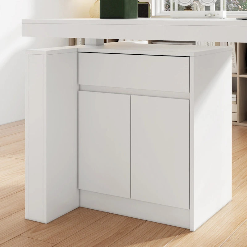 Bureau ergonomique assis-debout, élégance blanc pur avec table d'appoint à caisson