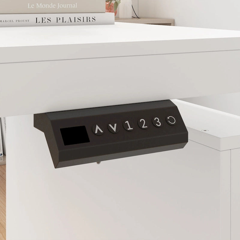 Bureau ergonomique assis-debout, élégance blanc pur avec table d'appoint à caisson
