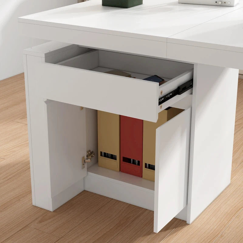 Bureau ergonomique assis-debout, élégance blanc pur avec table d'appoint à caisson