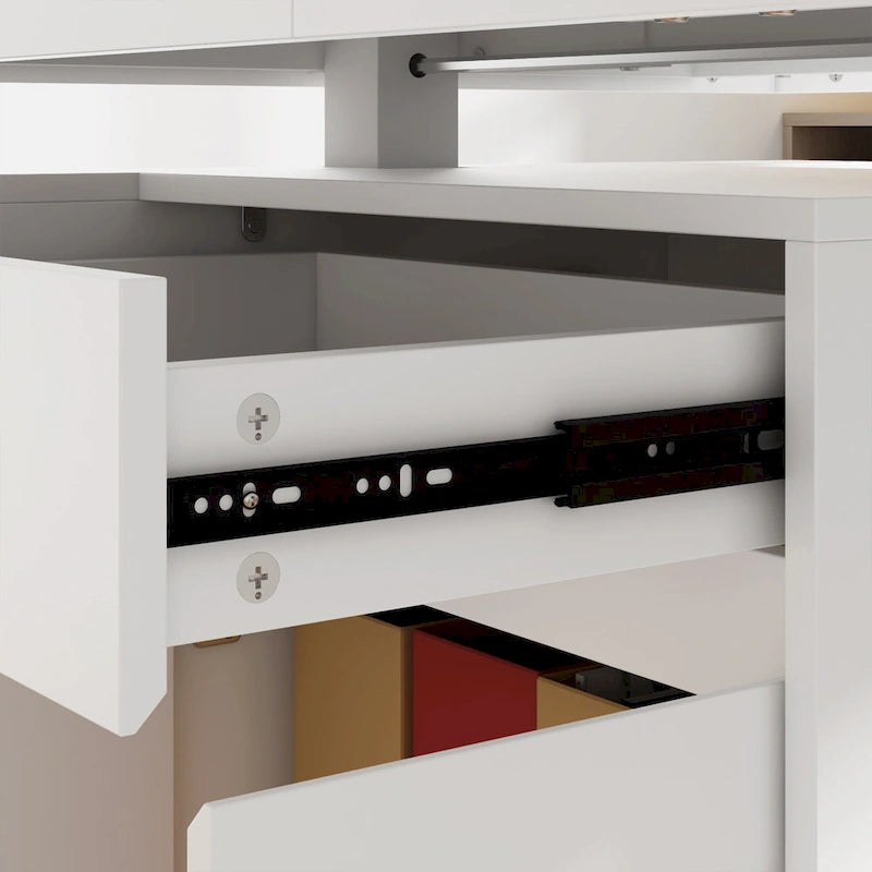 Bureau ergonomique assis-debout, élégance blanc pur avec table d'appoint à caisson