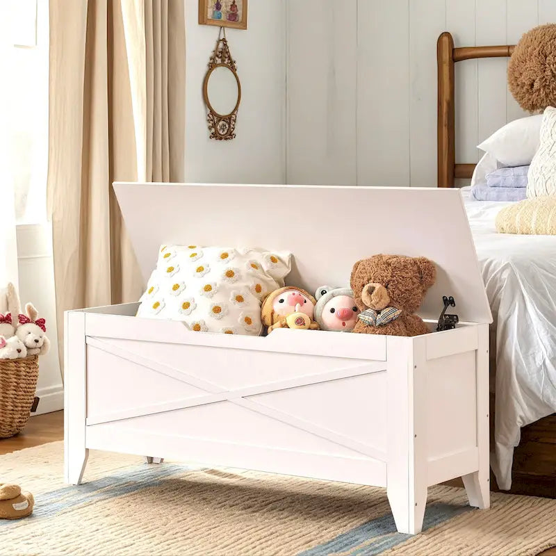 Banc de rangement, Coffre en bois avec charnières de sécurité et tapis en osier, Banc à chaussures pour entrée Style industriel