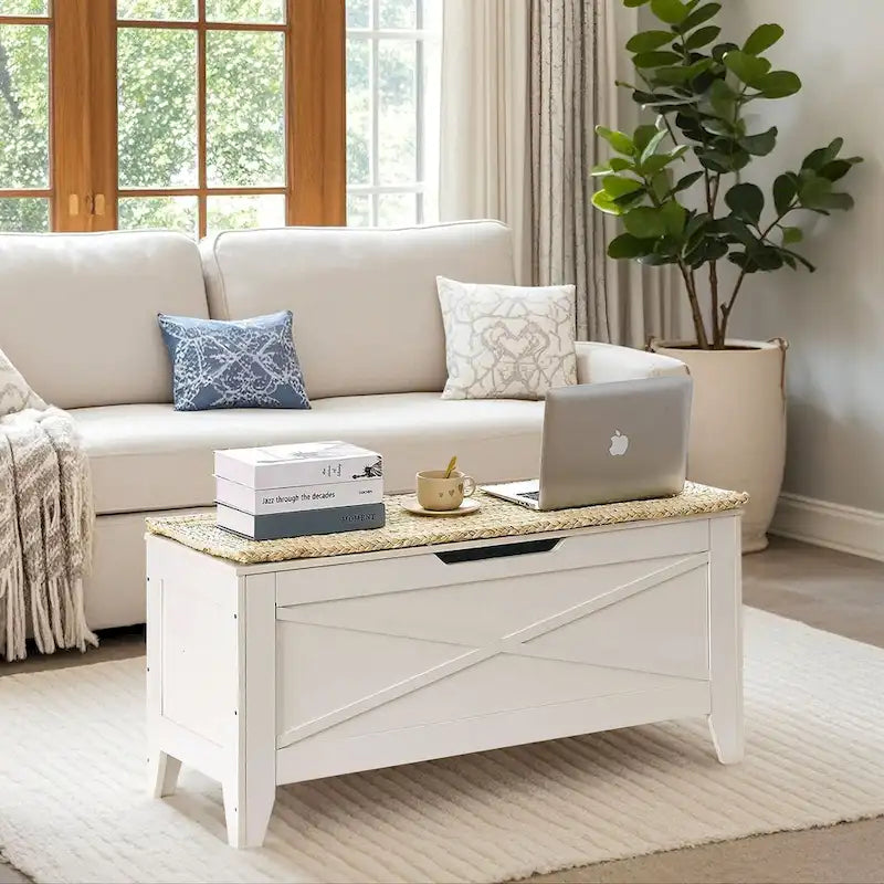 Banc de rangement, Coffre en bois avec charnières de sécurité et tapis en osier, Banc à chaussures pour entrée Style industriel