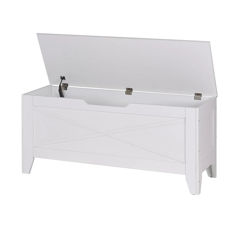 Banc de rangement, Coffre en bois avec charnières de sécurité et tapis en osier, Banc à chaussures pour entrée Style industriel