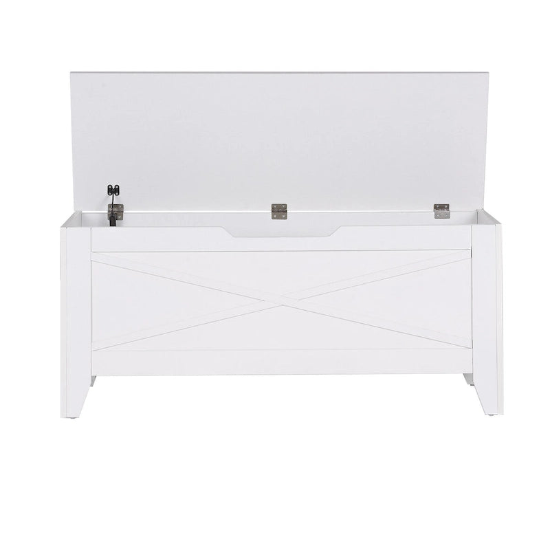 Banc de rangement, Coffre en bois avec charnières de sécurité et tapis en osier, Banc à chaussures pour entrée Style industriel