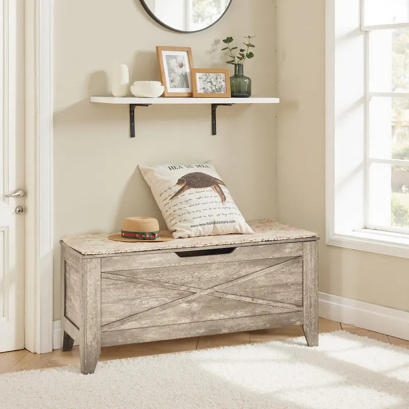 Banc de rangement, Coffre en bois avec charnières de sécurité et tapis en osier, Banc à chaussures pour entrée Style industriel