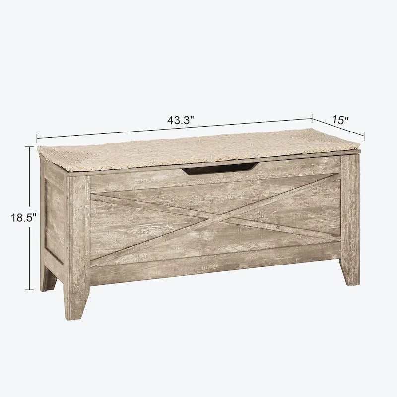 Banc de rangement, Coffre en bois avec charnières de sécurité et tapis en osier, Banc à chaussures pour entrée Style industriel