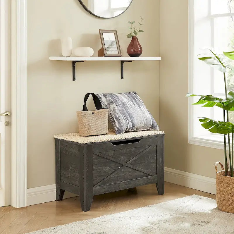 Banc de rangement, Coffre en bois avec charnières de sécurité et tapis en osier, Banc à chaussures pour entrée Style industriel