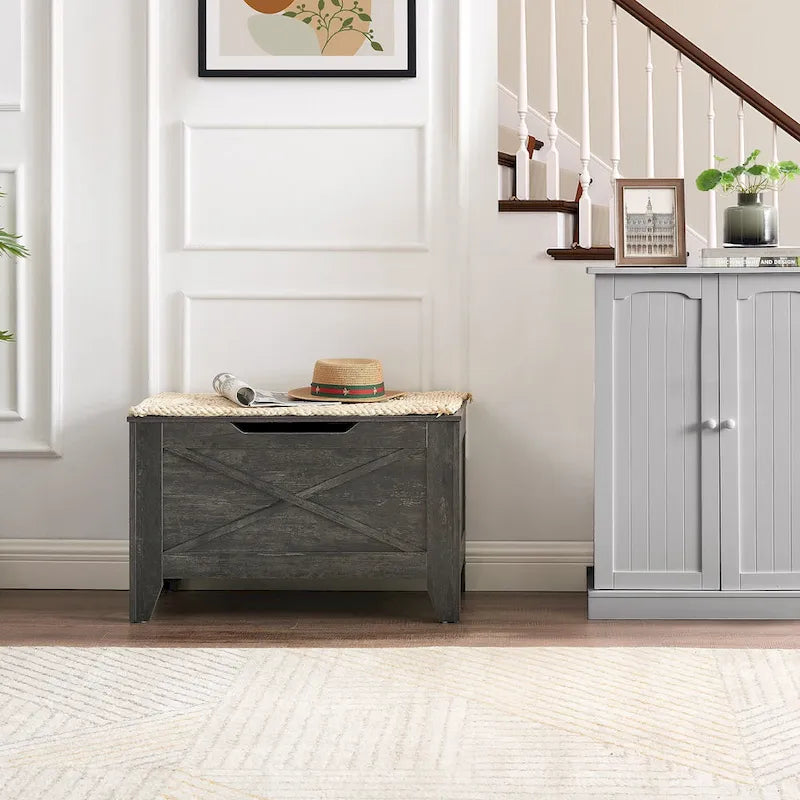 Banc de rangement, Coffre en bois avec charnières de sécurité et tapis en osier, Banc à chaussures pour entrée Style industriel