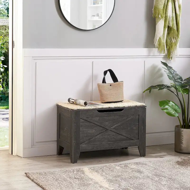 Banc de rangement, Coffre en bois avec charnières de sécurité et tapis en osier, Banc à chaussures pour entrée Style industriel