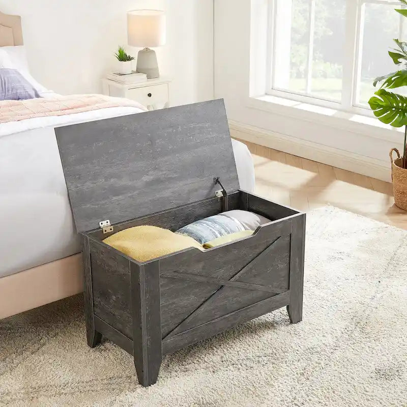 Banc de rangement, Coffre en bois avec charnières de sécurité et tapis en osier, Banc à chaussures pour entrée Style industriel