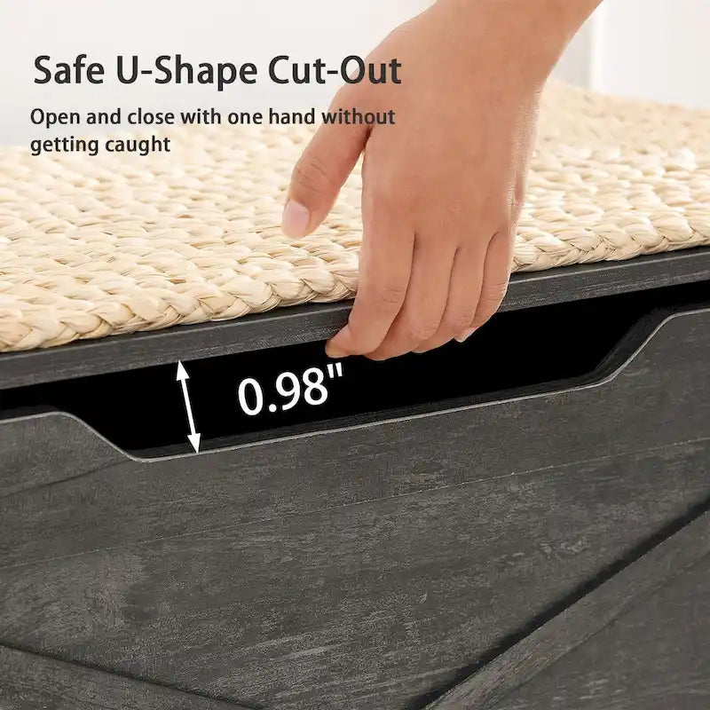 Banc de rangement, Coffre en bois avec charnières de sécurité et tapis en osier, Banc à chaussures pour entrée Style industriel