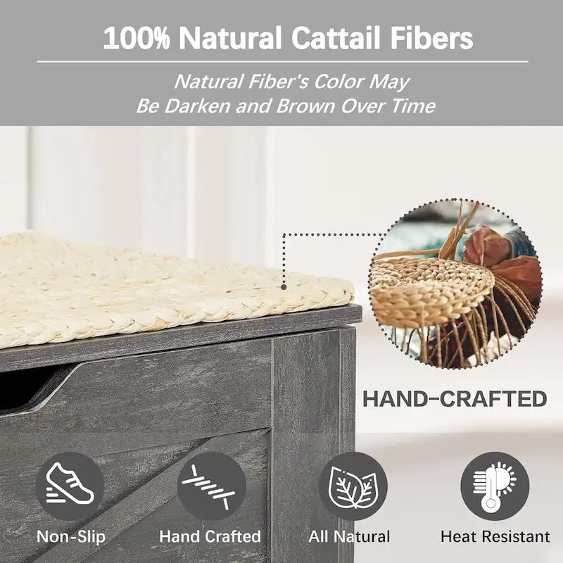 Banc de rangement, Coffre en bois avec charnières de sécurité et tapis en osier, Banc à chaussures pour entrée Style industriel