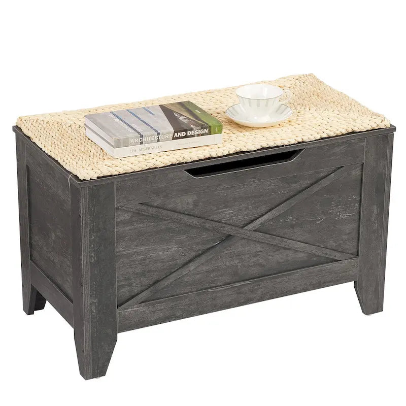 Banc de rangement, Coffre en bois avec charnières de sécurité et tapis en osier, Banc à chaussures pour entrée Style industriel