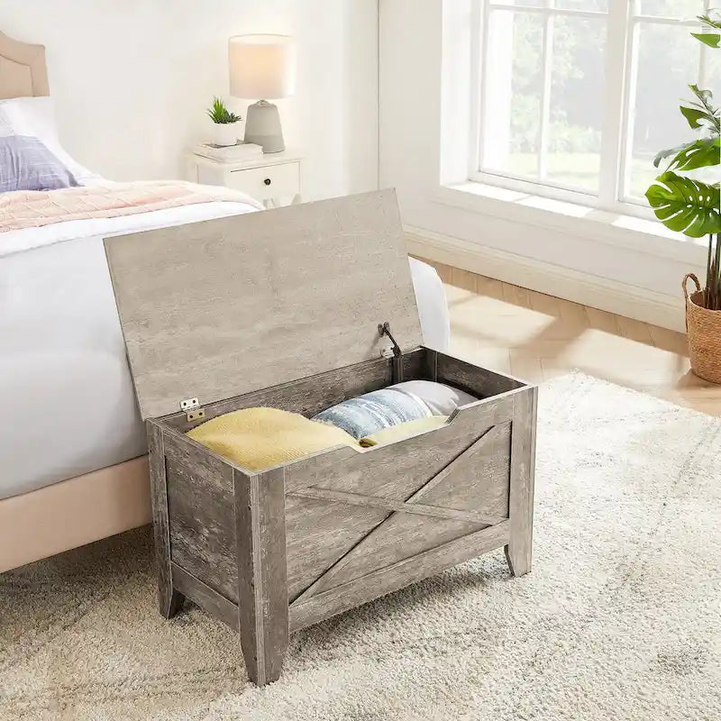 Banc de rangement, Coffre en bois avec charnières de sécurité et tapis en osier, Banc à chaussures pour entrée Style industriel